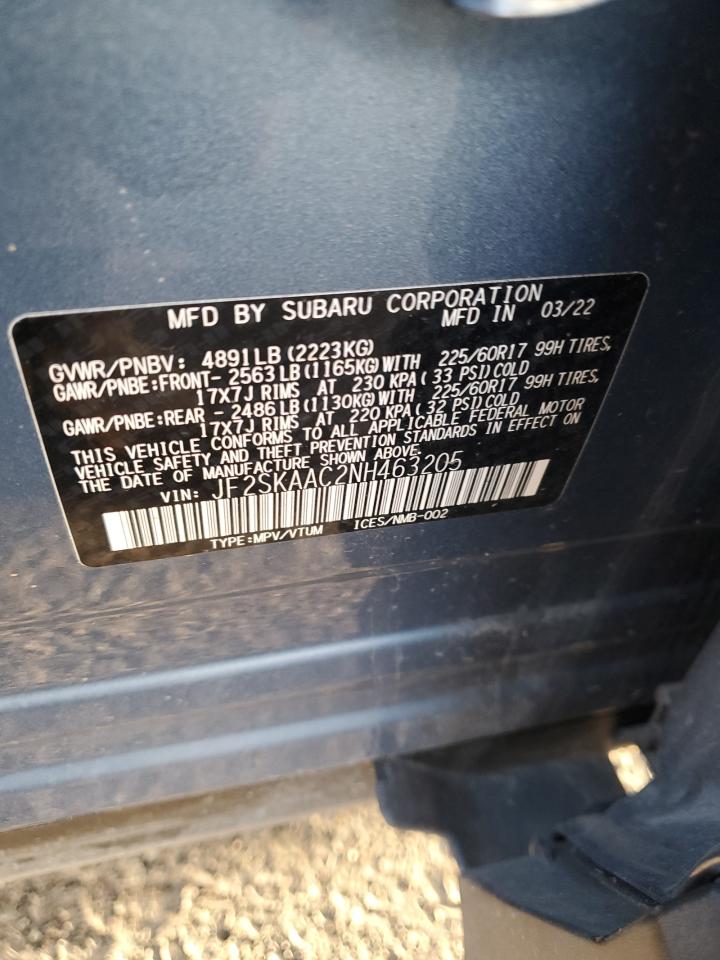 2022 Subaru Forester VIN: JF2SKAAC2NH463205 Lot: 92050715