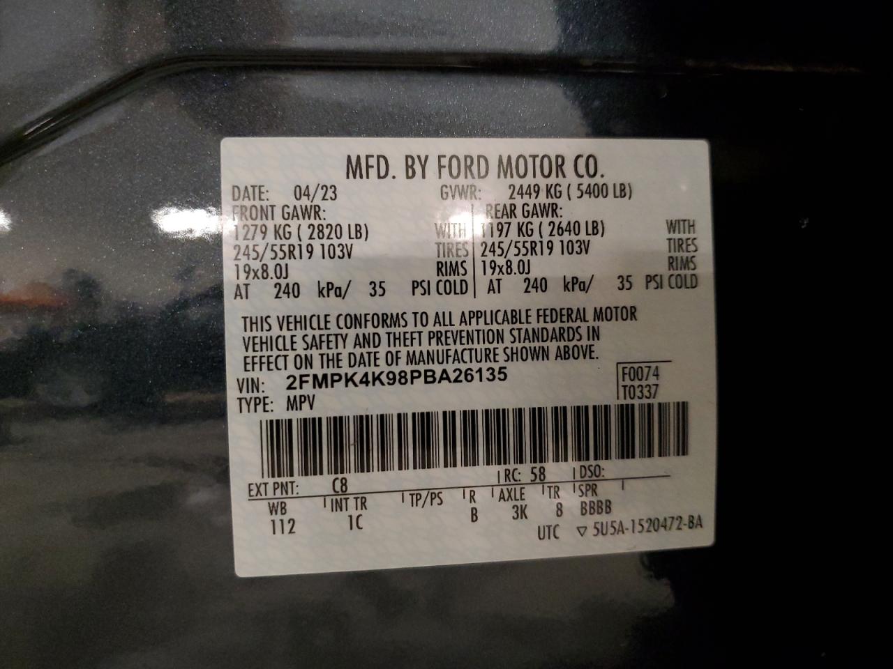 2023 Ford Edge Titanium VIN: 2FMPK4K98PBA26135 Lot: 91040885