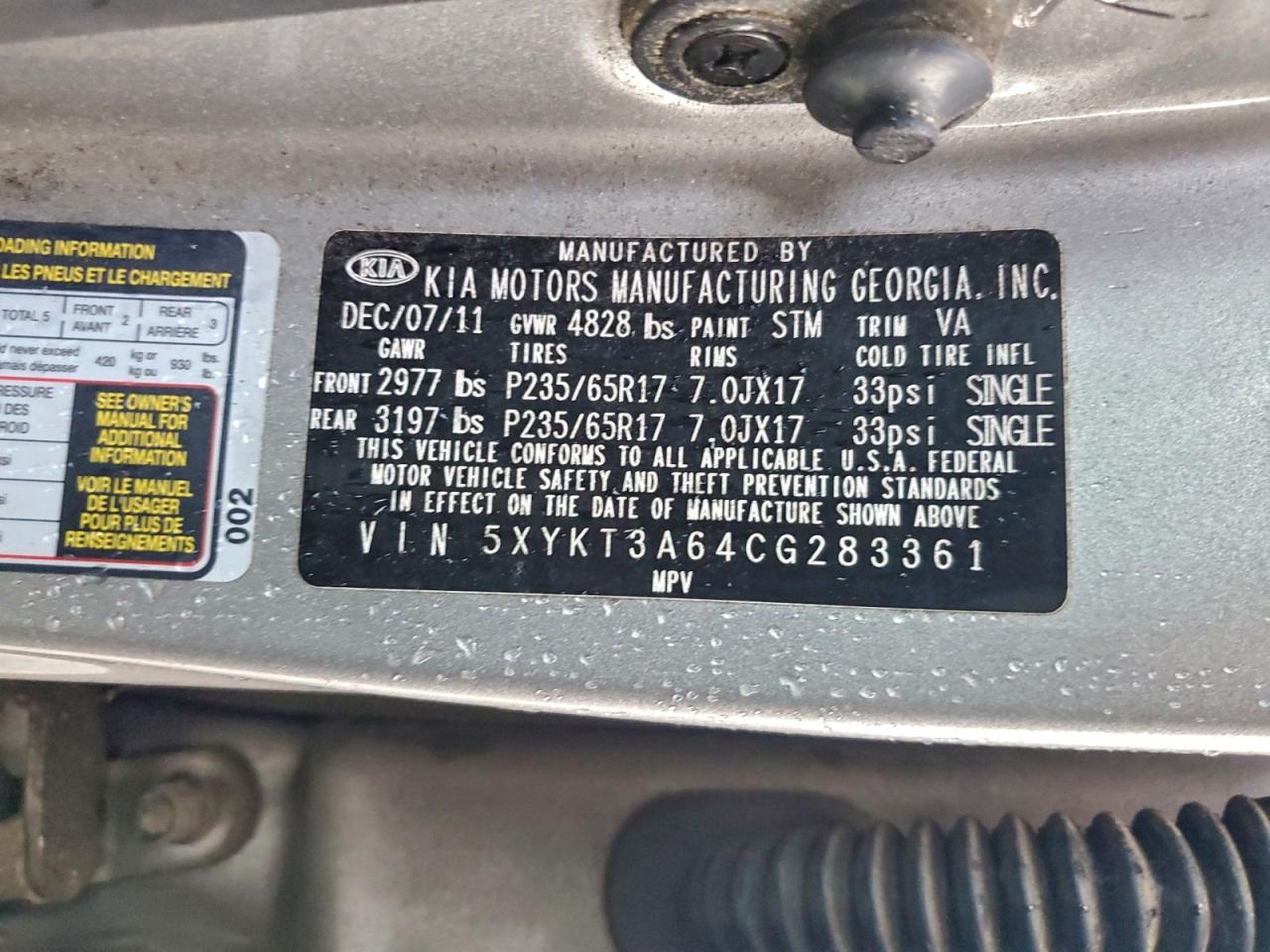 2012 Kia Sorento Base VIN: 5XYKT3A64CG283361 Lot: 94598545