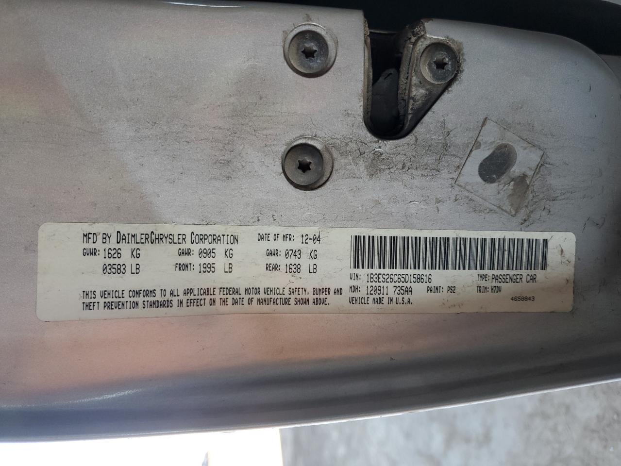 2005 Dodge Neon Base VIN: 1B3ES26C65D158616 Lot: 90566665