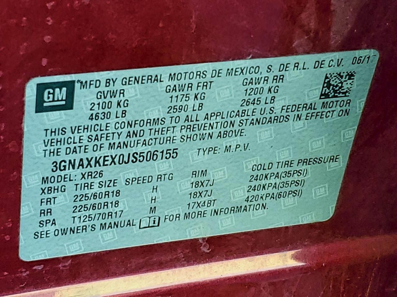 2018 Chevrolet Equinox Lt VIN: 3GNAXKEX0JS506155 Lot: 94192235