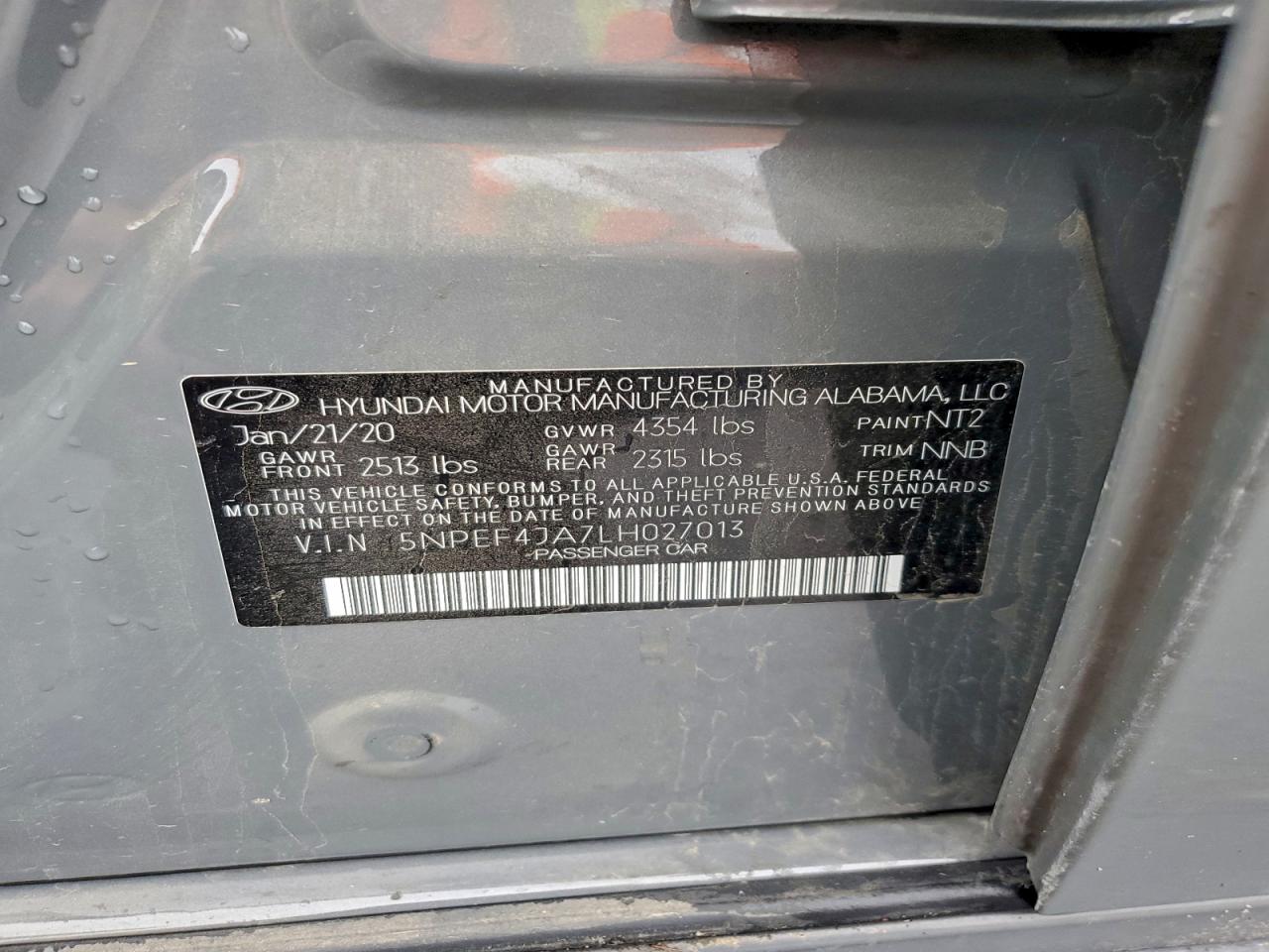 2020 Hyundai Sonata Sel VIN: 5NPEF4JA7LH027013 Lot: 92885105