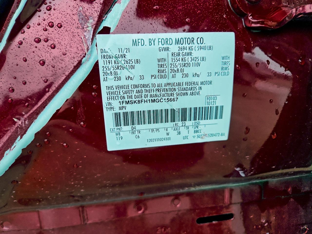 2021 Ford Explorer Limited VIN: 1FMSK8FH1MGC15667 Lot: 92903665