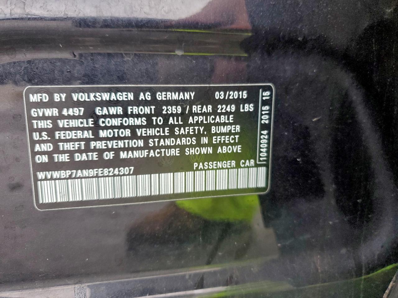 2015 Volkswagen Cc Sport VIN: WVWBP7AN9FE824307 Lot: 94260115