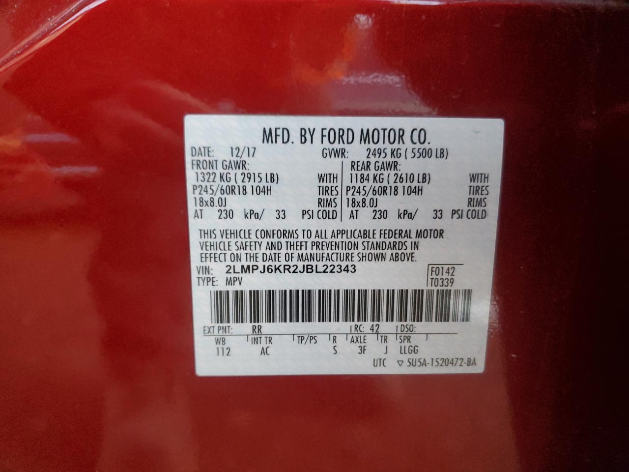 2018 Lincoln Mkx Select VIN: 2LMPJ6KR2JBL22343 Lot: 92468755