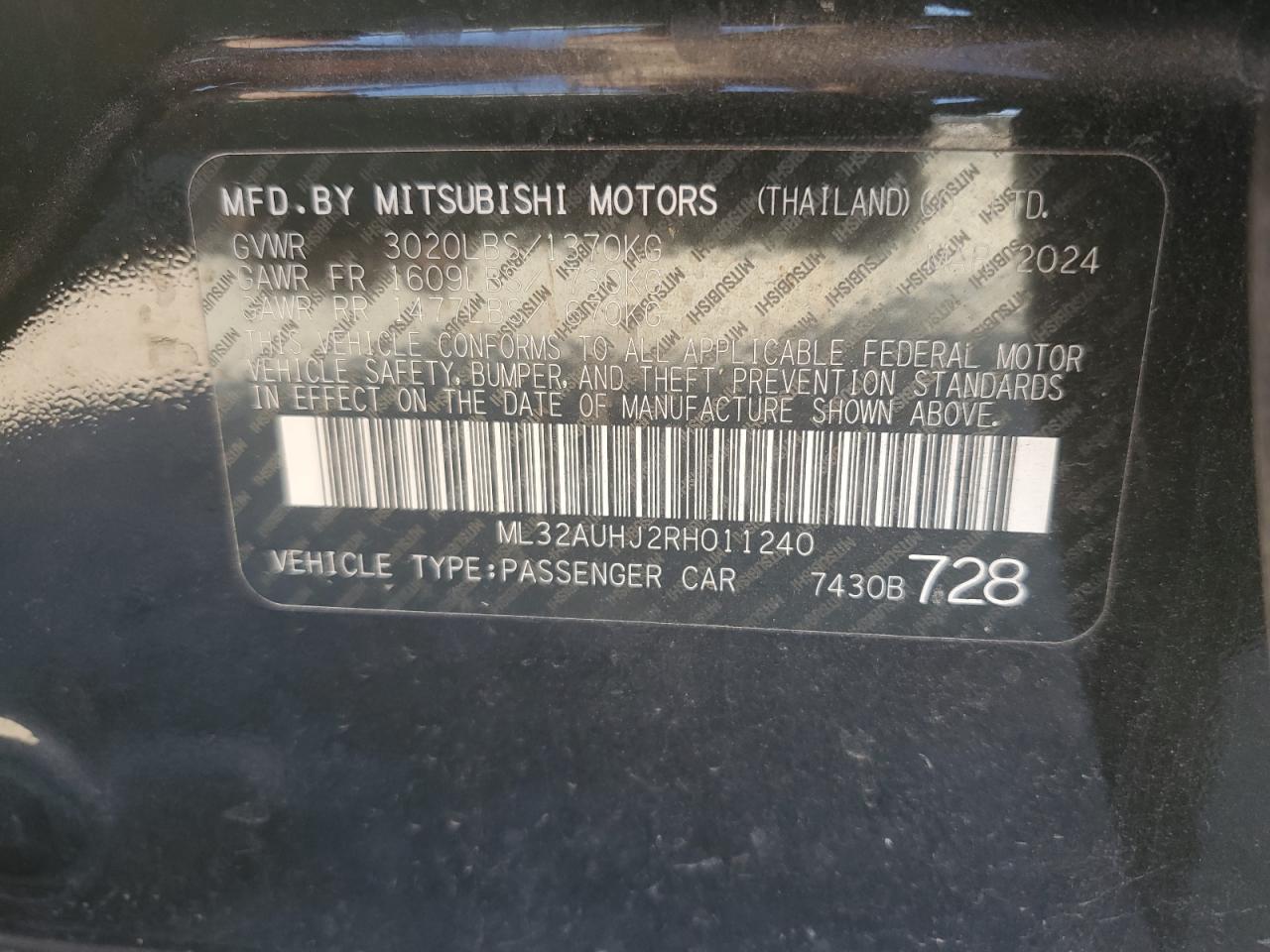 2024 Mitsubishi Mirage Es VIN: ML32AUHJ2RH011240 Lot: 93147675