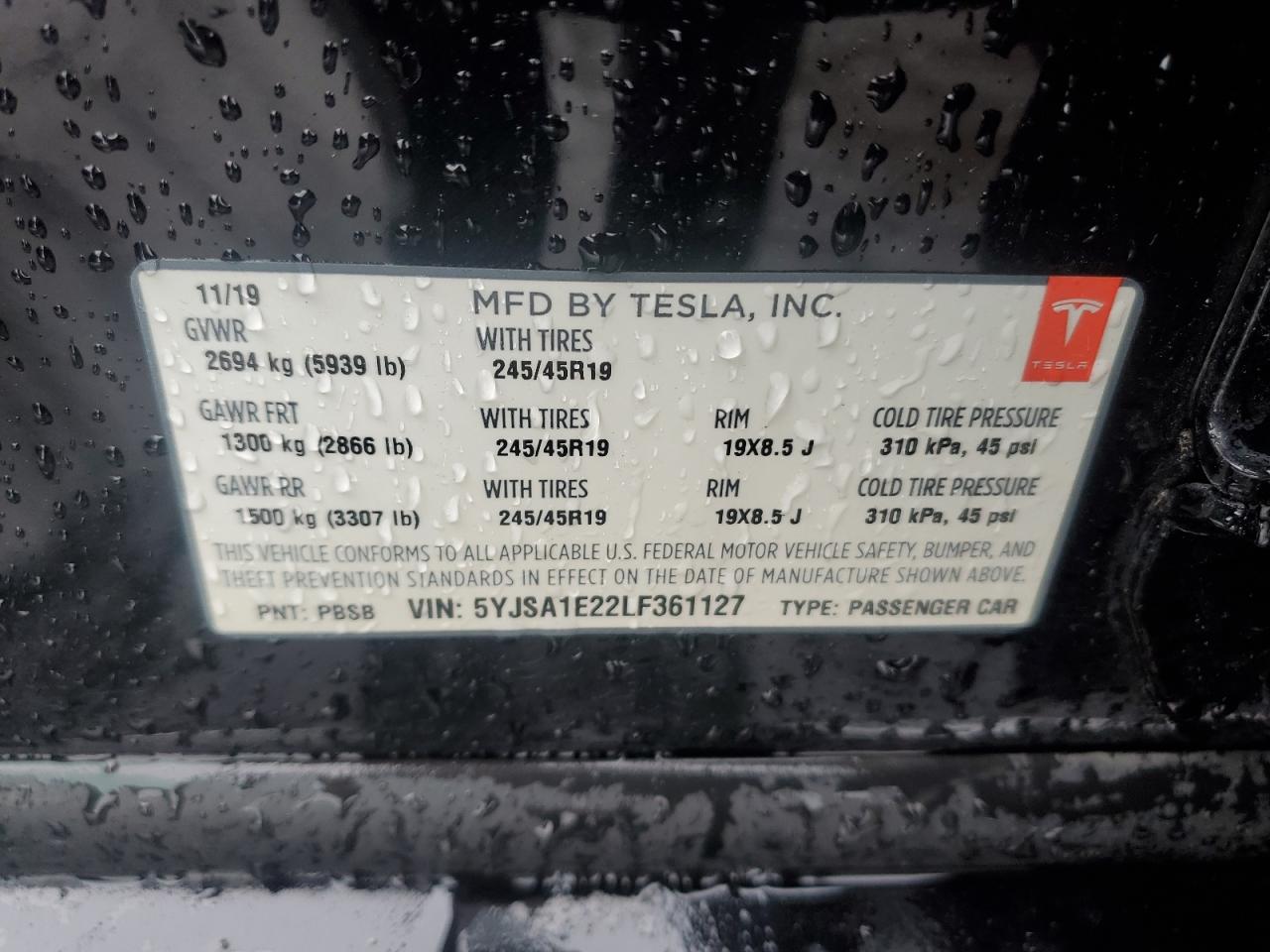 2020 Tesla Model S VIN: 5YJSA1E22LF361127 Lot: 92251035