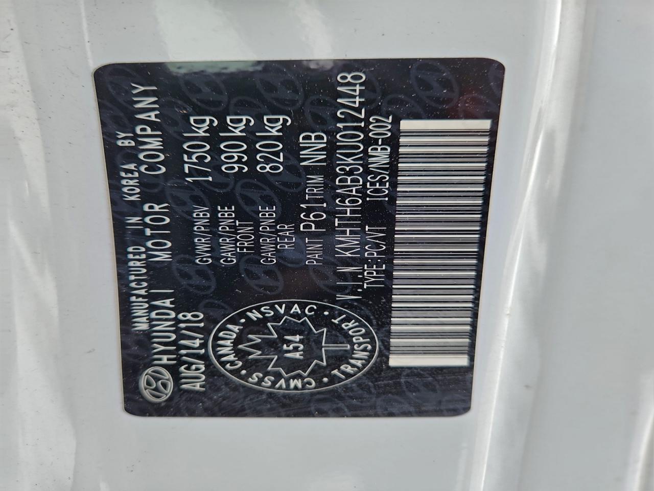 2019 Hyundai Veloster Turbo VIN: KMHTH6AB3KU012448 Lot: 93506805