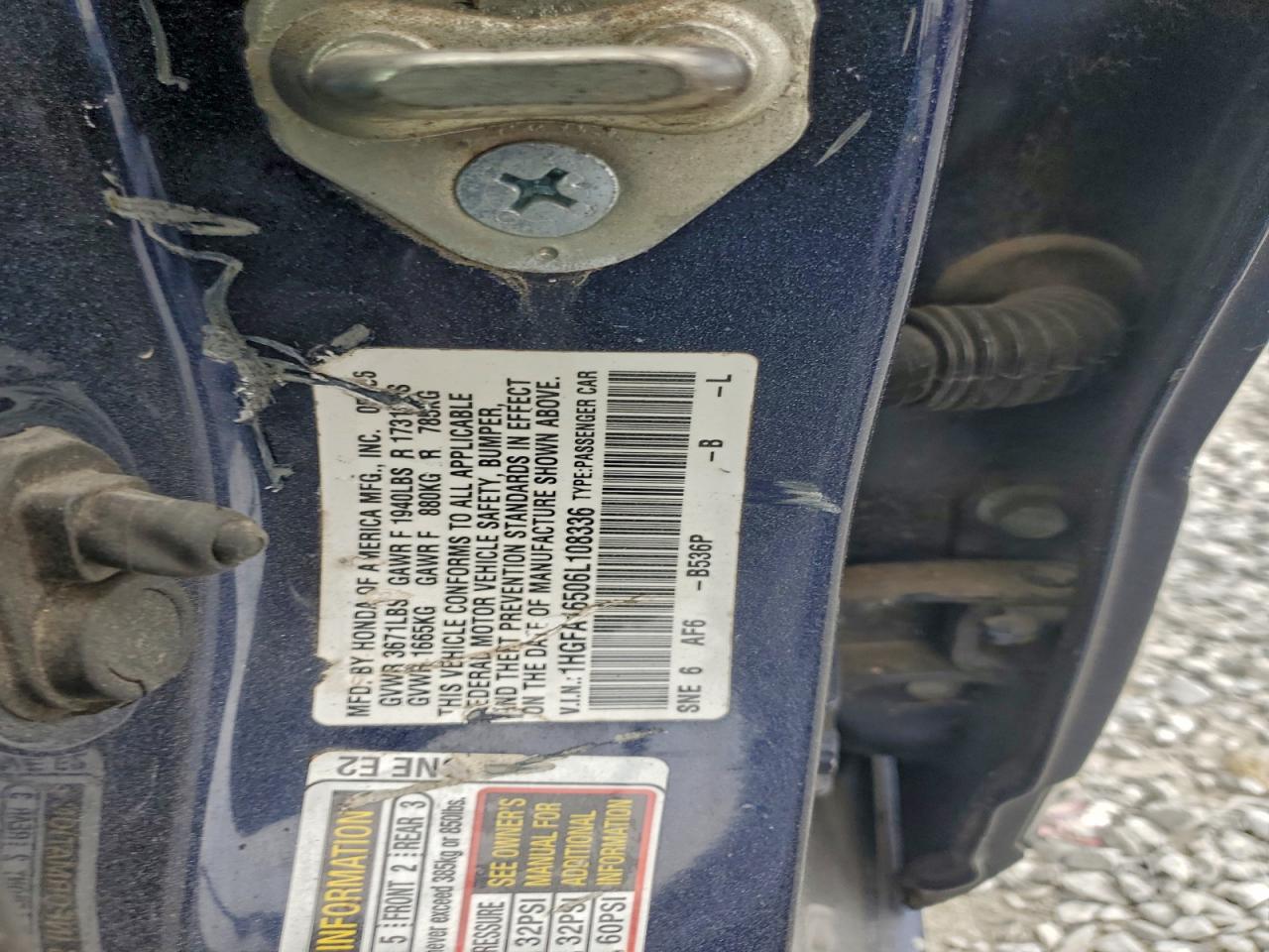 2006 Honda Civic Lx VIN: 1HGFA16506L108336 Lot: 93926095