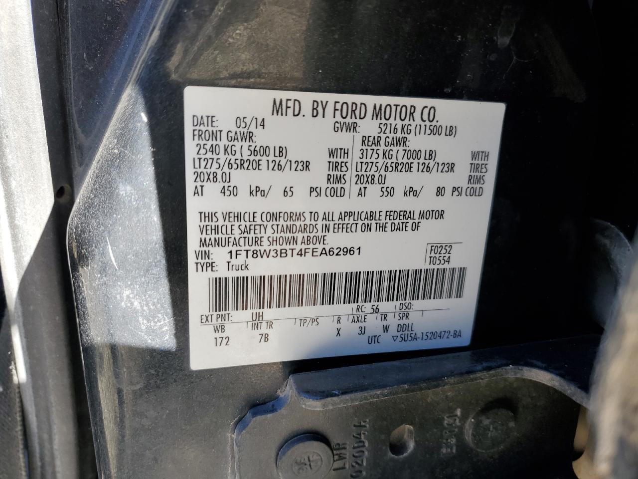 2015 Ford F350 Super Duty VIN: 1FT8W3BT4FEA62961 Lot: 92854355