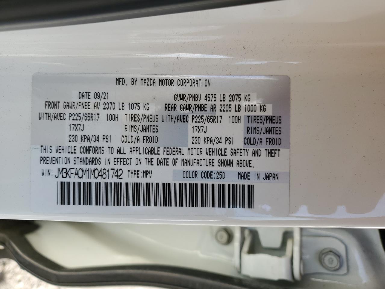 2021 Mazda Cx-5 Touring VIN: JM3KFACM1M0481742 Lot: 92344365