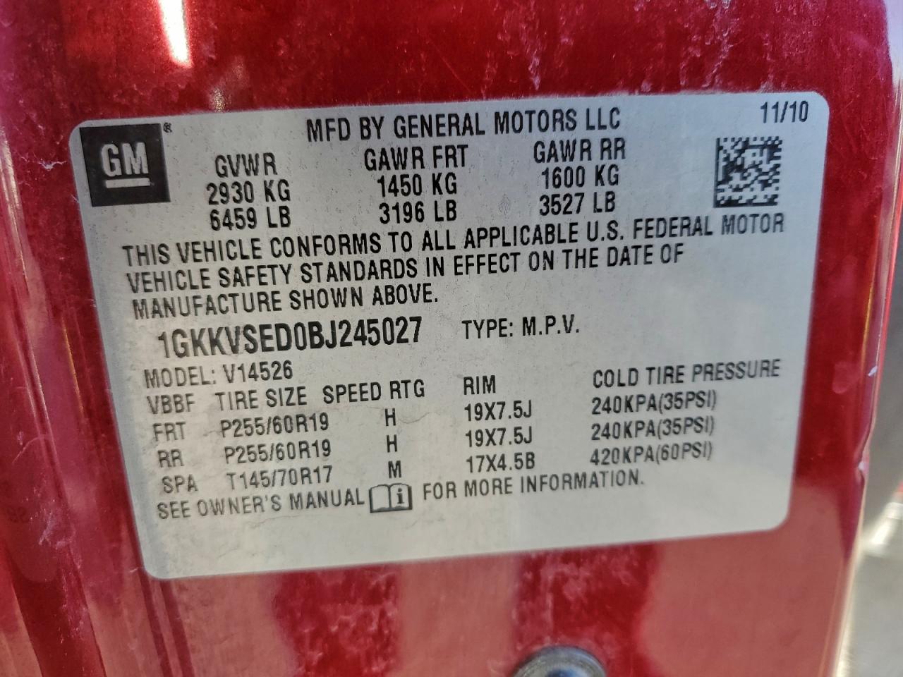 2011 GMC Acadia Slt-2 VIN: 1GKKVSED0BJ245027 Lot: 92757165