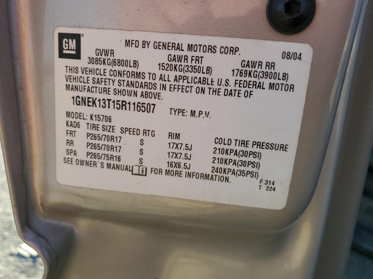 2005 Chevrolet Tahoe K1500 VIN: 1GNEK13T15R116507 Lot: 92578535