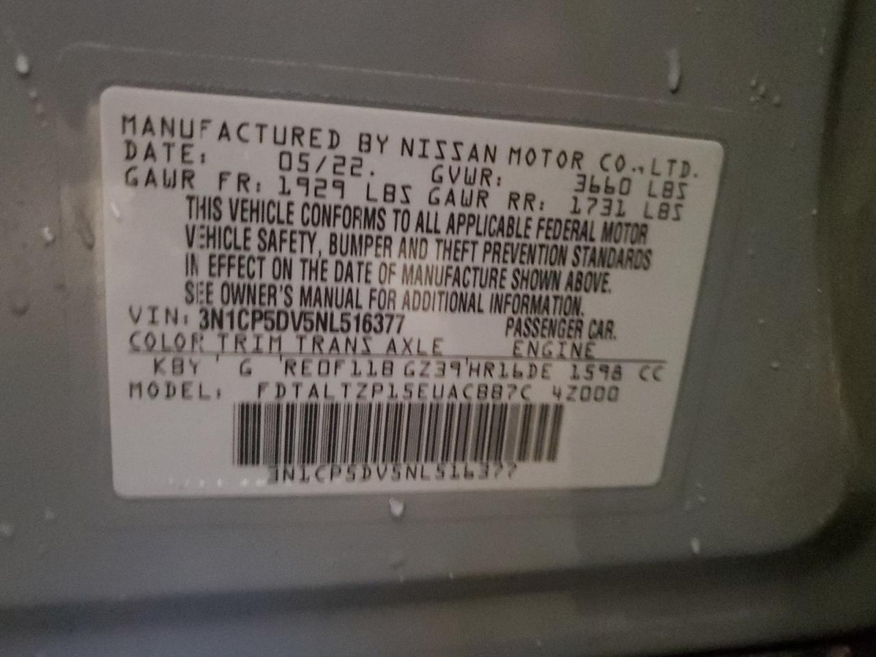 2022 Nissan Kicks Sr VIN: 3N1CP5DV5NL516377 Lot: 93893205