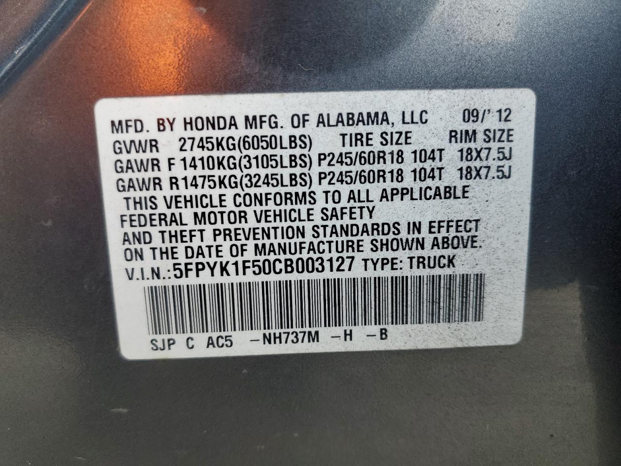 2012 Honda Ridgeline Rtl VIN: 5FPYK1F50CB003127 Lot: 91490905