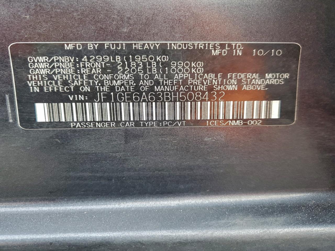 2011 Subaru Impreza 2.5I VIN: JF1GE6A63BH508432 Lot: 93640565