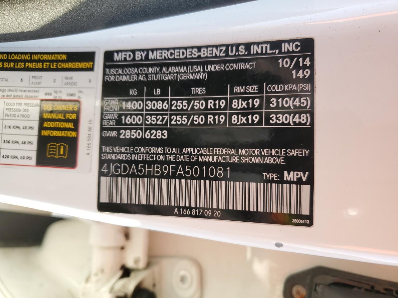 2015 Mercedes-Benz Ml 350 4Matic VIN: 4JGDA5HB9FA501081 Lot: 93188615