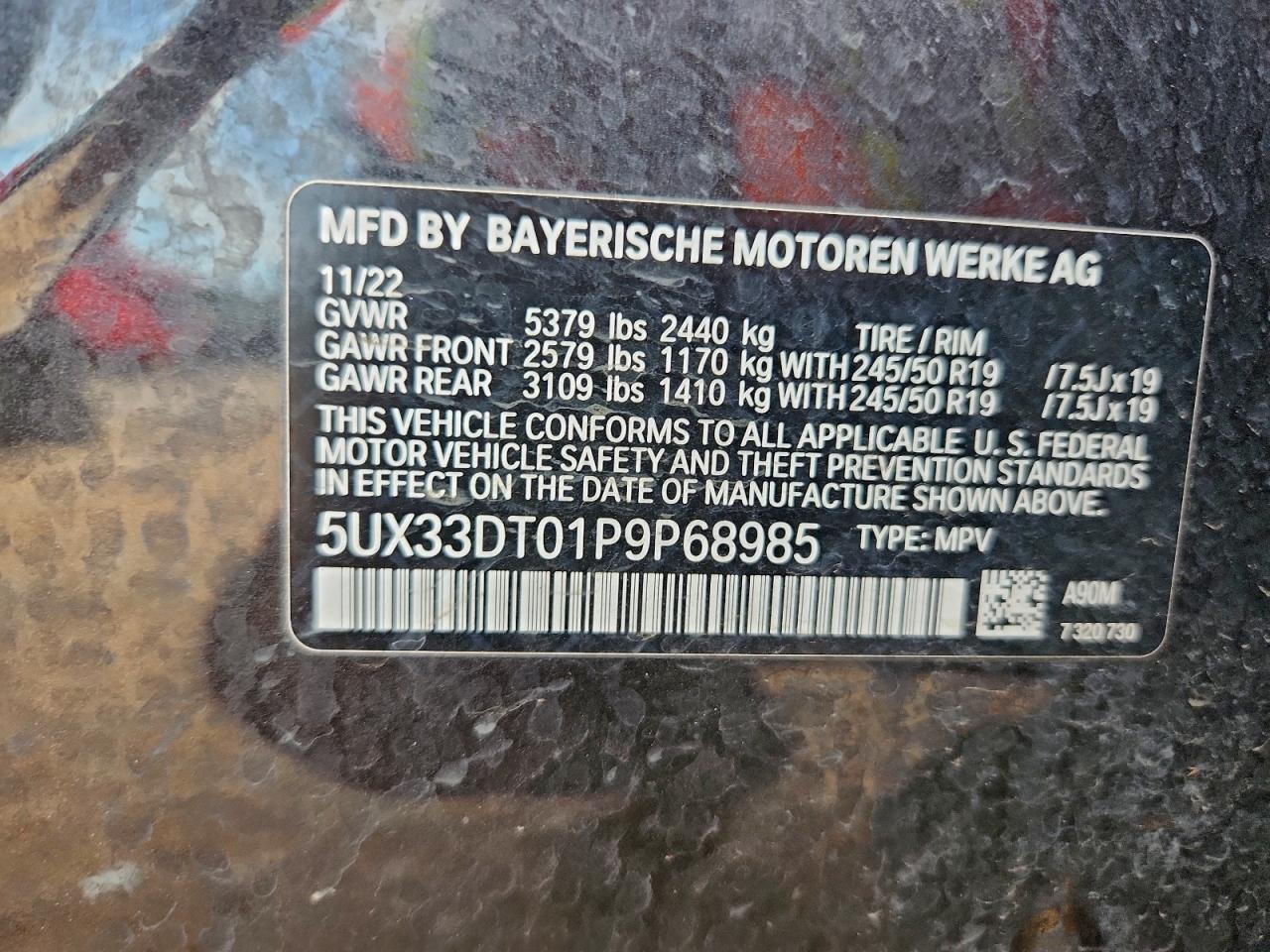 2023 BMW X4 xDrive30I VIN: 5UX33DT01P9P68985 Lot: 93898815