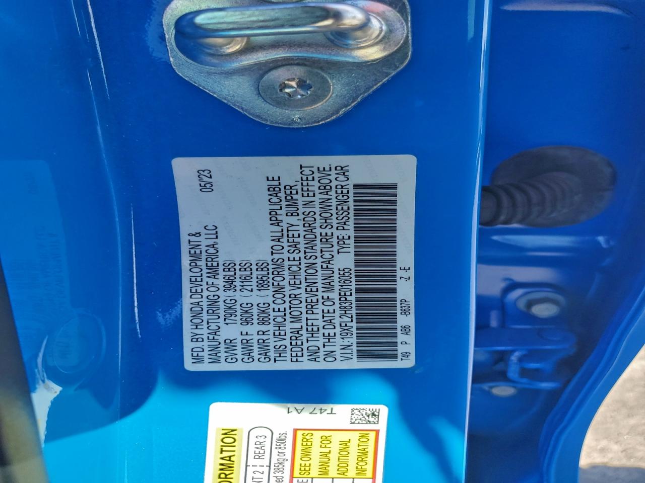 2023 Honda Civic Sport VIN: 19XFL2H83PE016055 Lot: 92765305