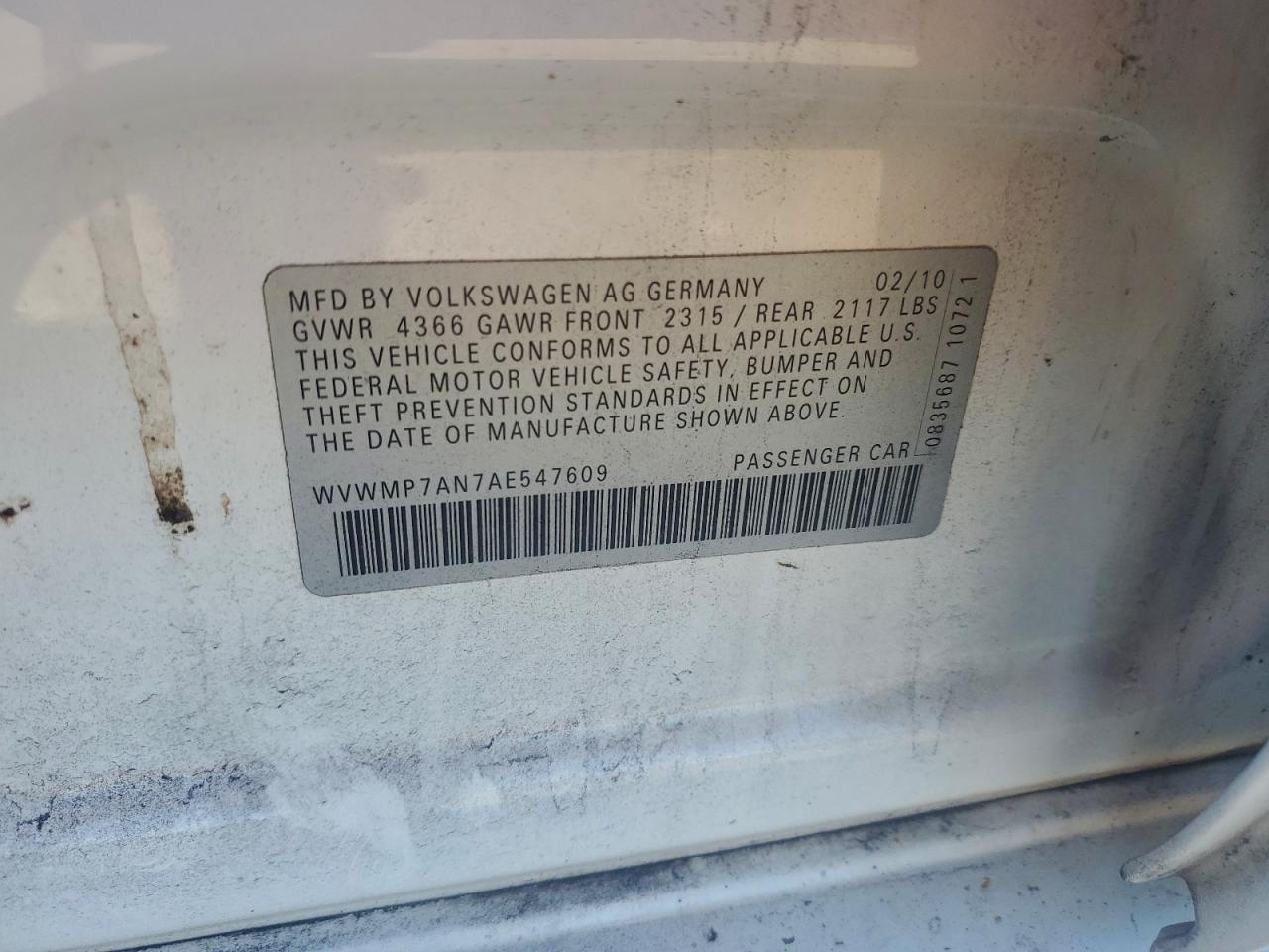 2010 Volkswagen Cc Sport VIN: WVWMP7AN7AE547609 Lot: 94231575