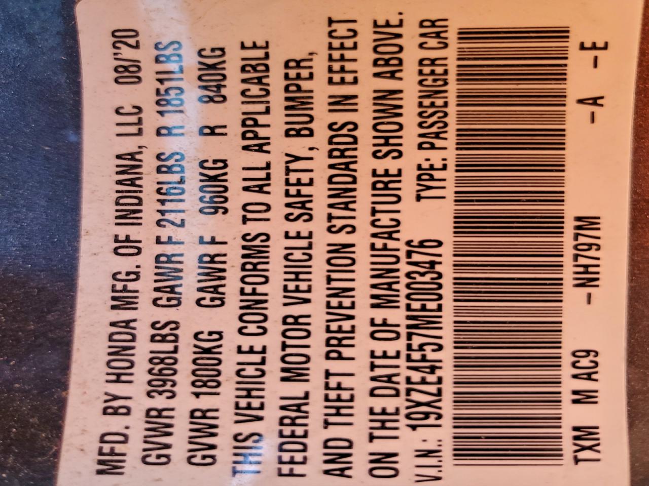2021 Honda Insight Ex VIN: 19XZE4F57ME003476 Lot: 91032395