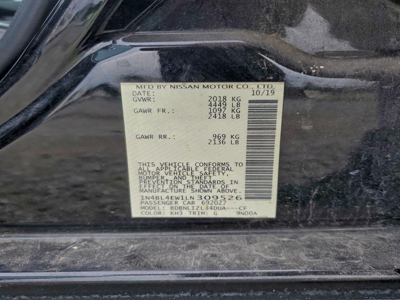 2020 Nissan Altima Sl VIN: 1N4BL4EW1LN309526 Lot: 92879685