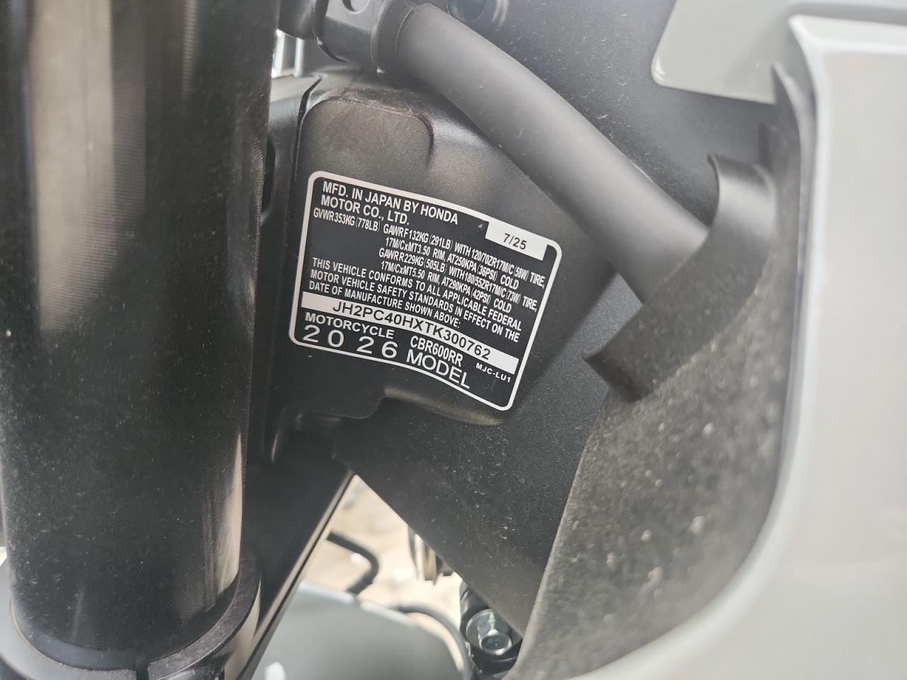 2026 Honda Cbr600 Rr VIN: JH2PC40HXTK300762 Lot: 91920615