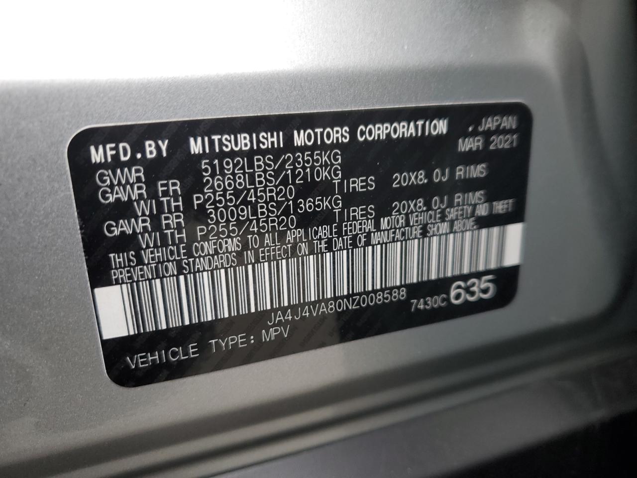 2022 Mitsubishi Outlander Sel VIN: JA4J4VA80NZ008588 Lot: 92571185