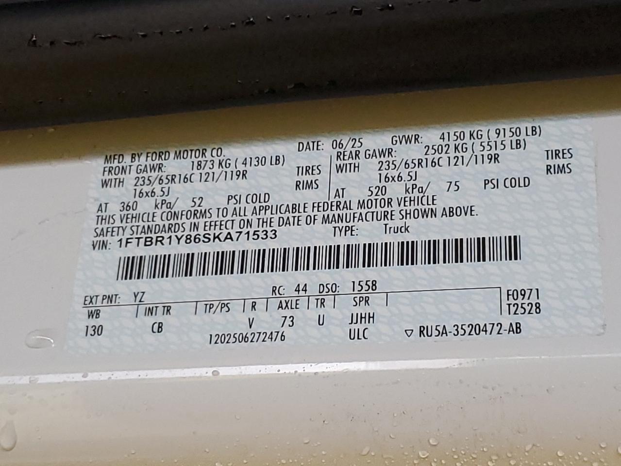 2025 Ford Transit Delivery Van VIN: 1FTBR1Y86SKA71533 Lot: 93049545