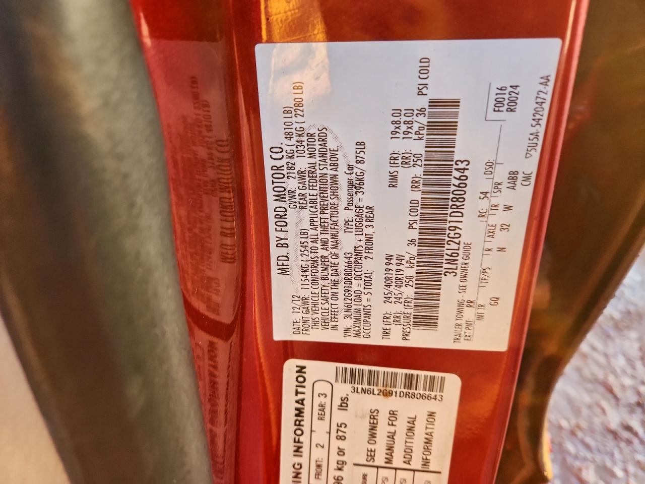 2013 Lincoln Mkz VIN: 3LN6L2G91DR806643 Lot: 94551805