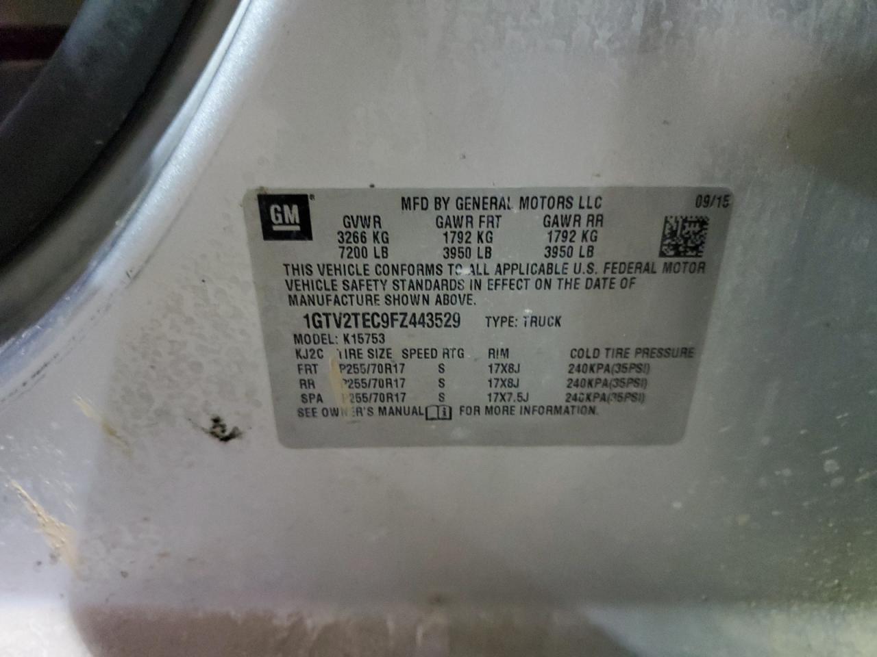 2015 GMC Sierra K1500 VIN: 1GTV2TEC9FZ443529 Lot: 90997135