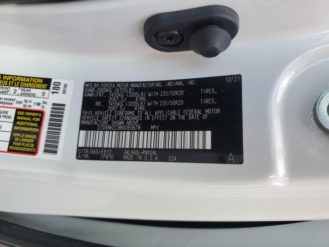 2022 Toyota Sienna Xse VIN: 5TDXRKEC8NS093678 Lot: 92394915