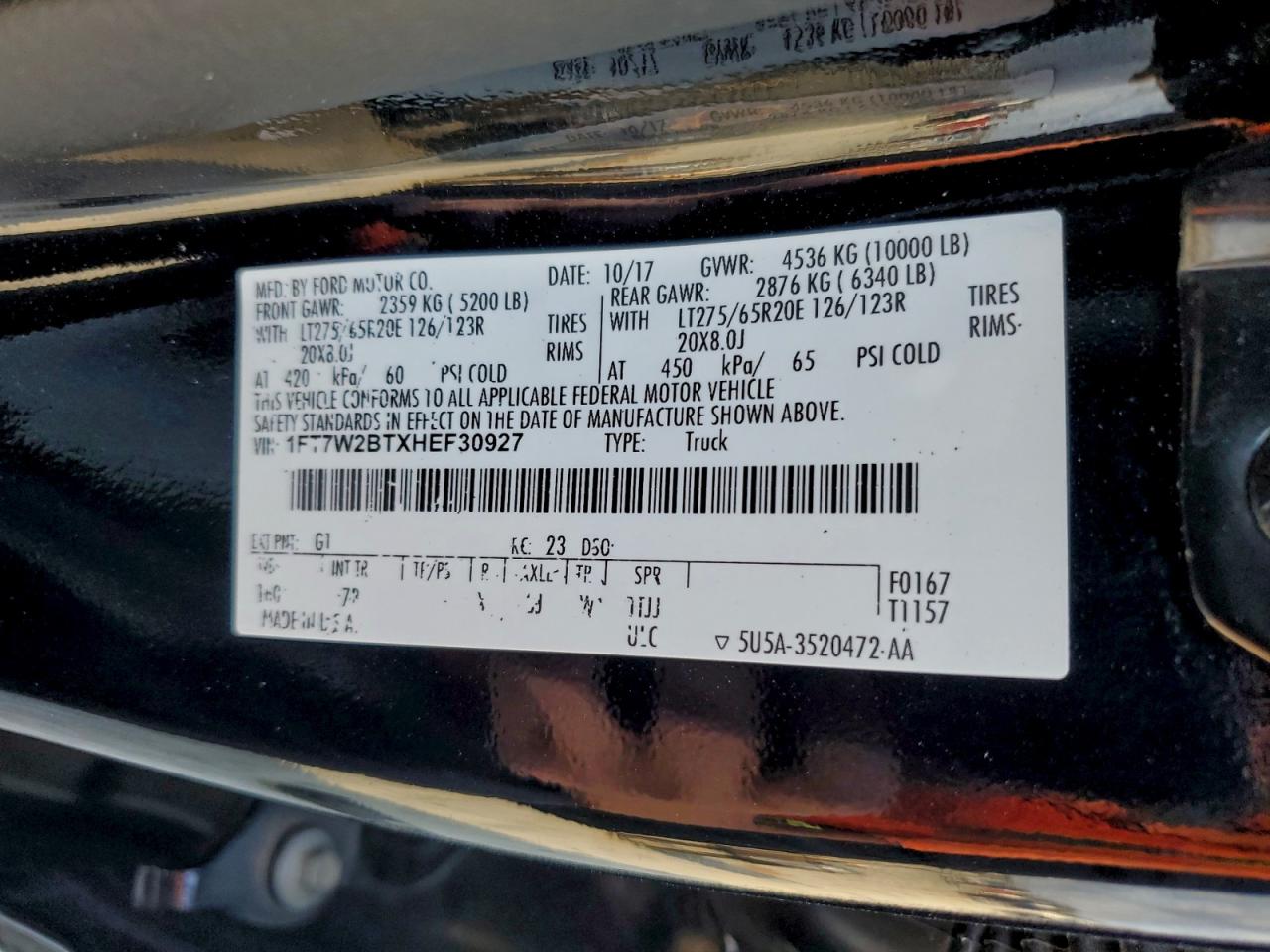 2017 Ford F250 Super Duty VIN: 1FT7W2BTXHEF30927 Lot: 94219815