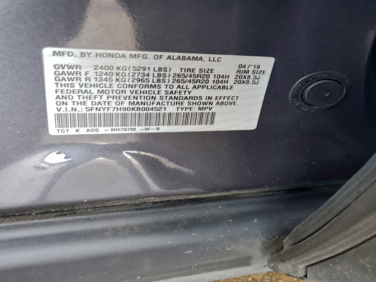 2019 Honda Passport Touring VIN: 5FNYF7H90KB004521 Lot: 94769045