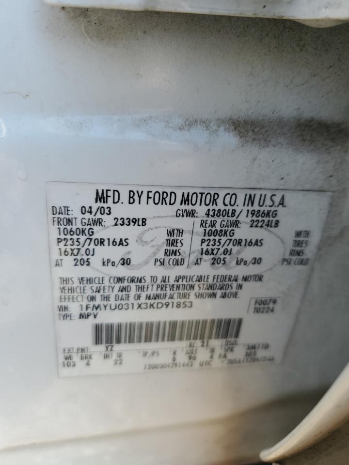 2003 Ford Escape Xlt VIN: 1FMYU031X3KD91853 Lot: 93609255