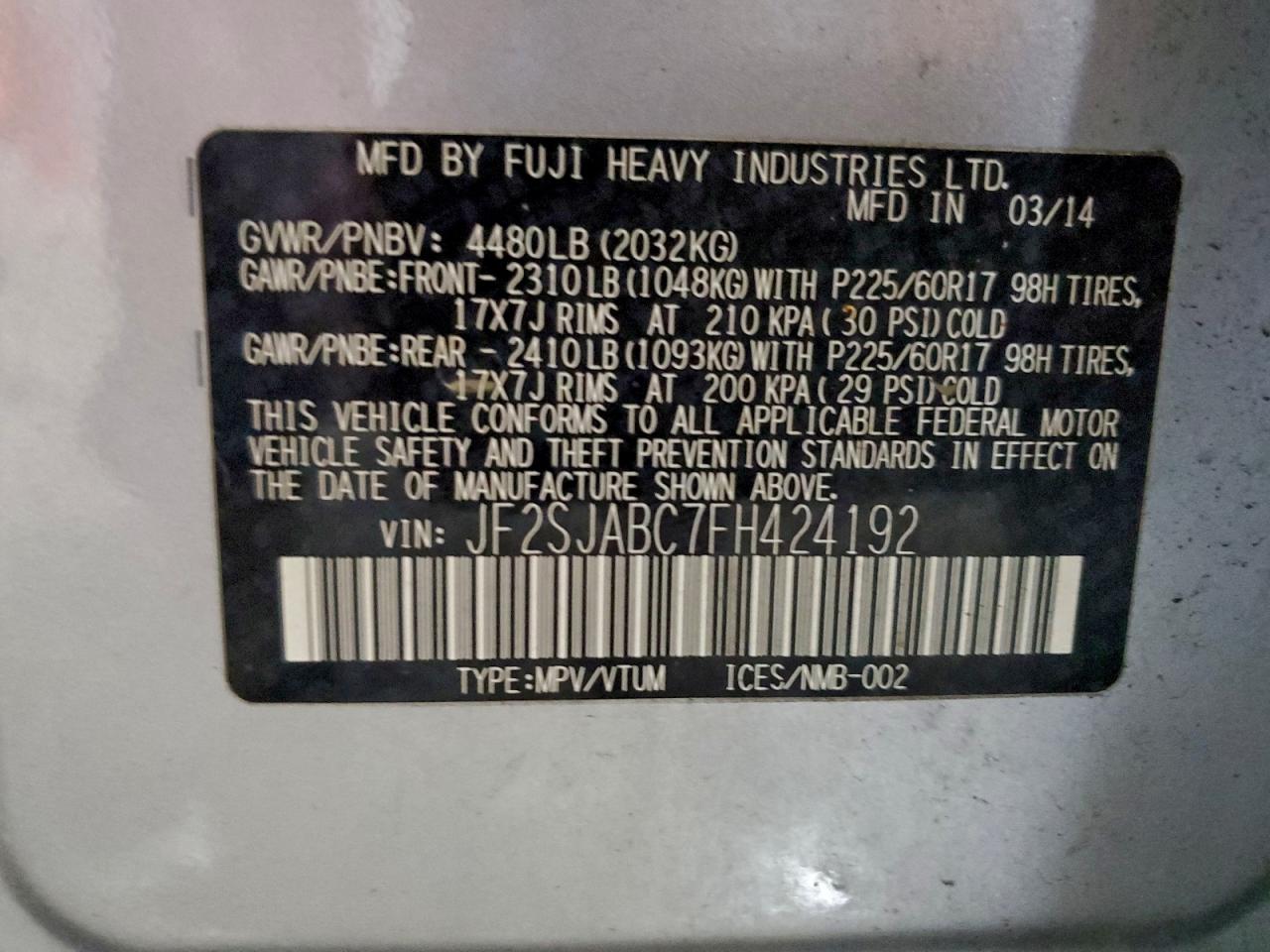 2015 Subaru Forester 2.5I VIN: JF2SJABC7FH424192 Lot: 94446585