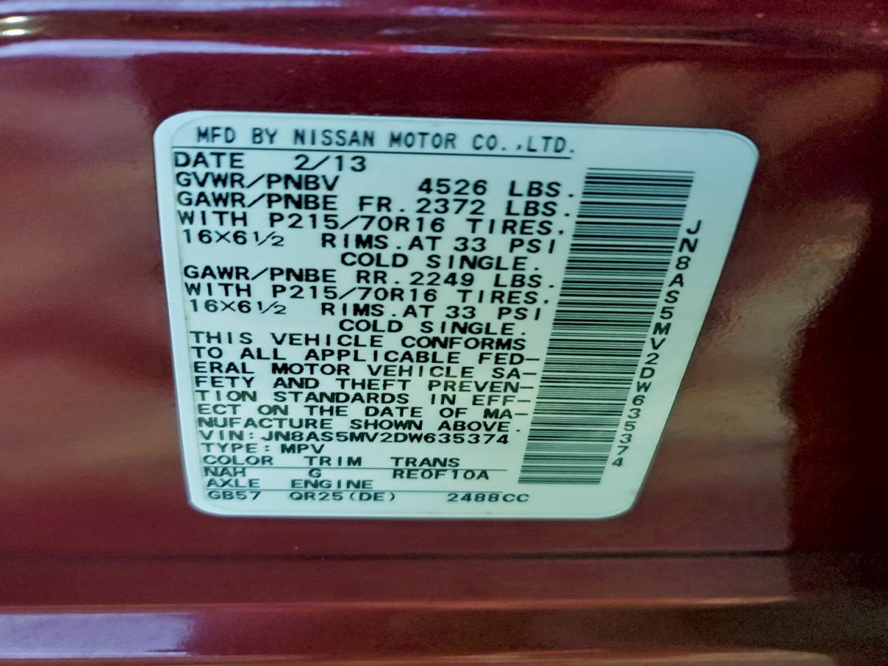 2013 Nissan Rogue S VIN: JN8AS5MV2DW635374 Lot: 94329495