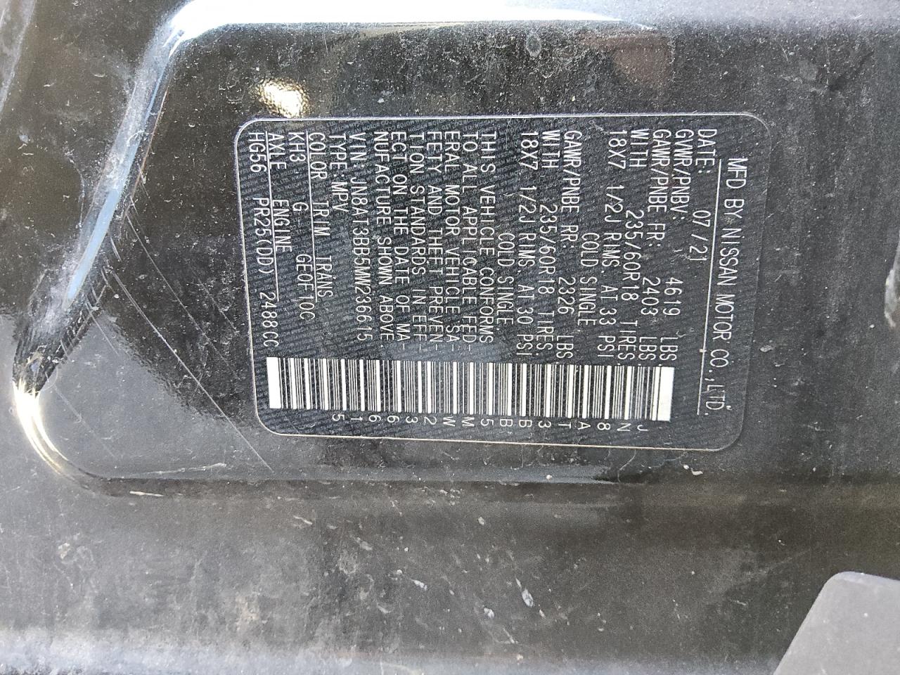 2021 Nissan Rogue Sv VIN: JN8AT3BB5MW236615 Lot: 90212585