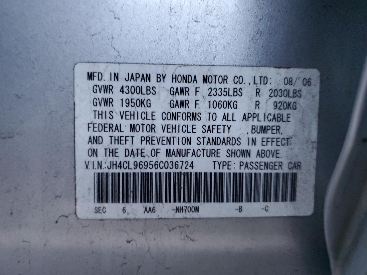 2006 Acura Tsx VIN: JH4CL96956C036724 Lot: 93660785