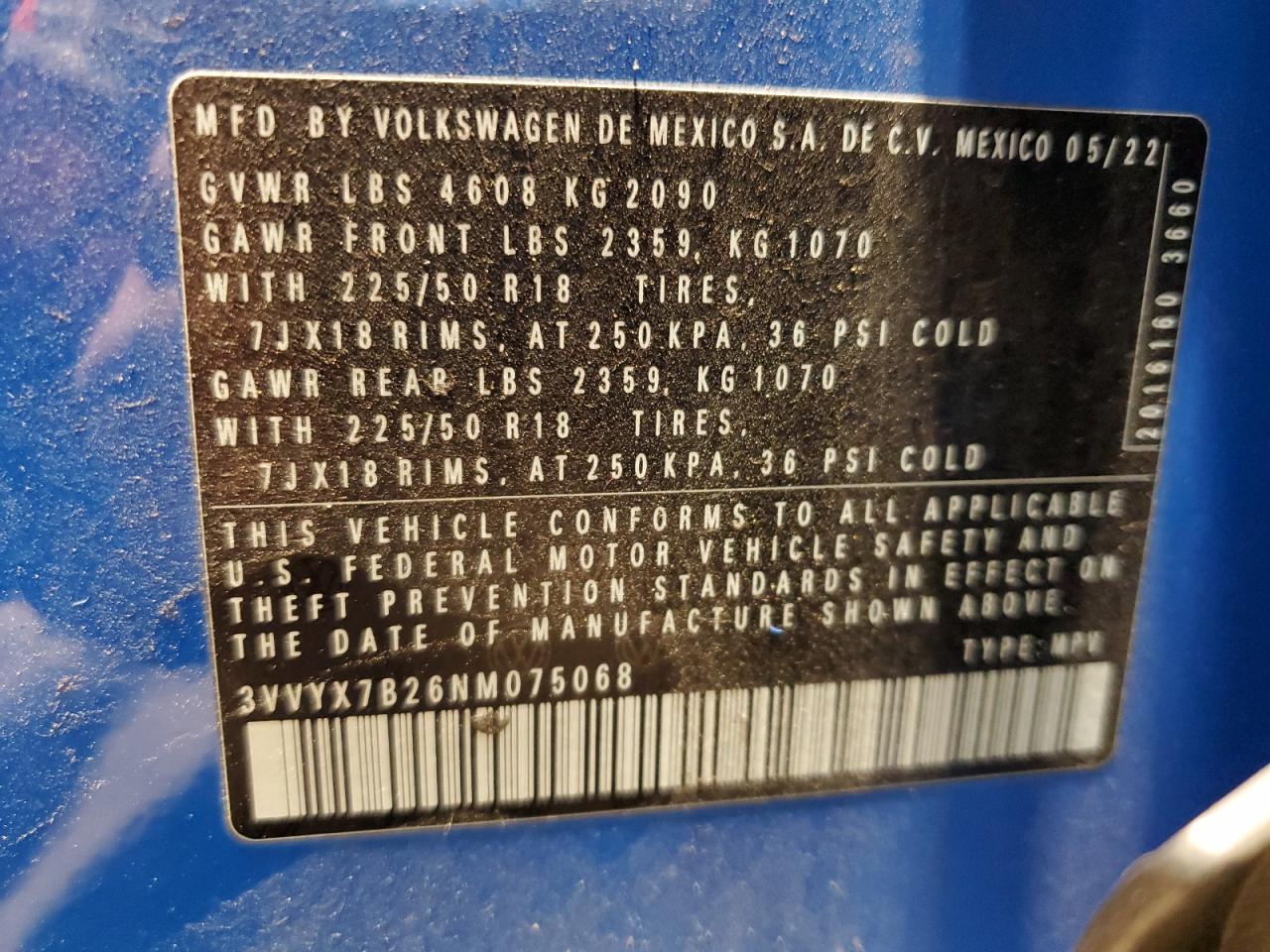 2022 Volkswagen Taos Se VIN: 3VVYX7B26NM075068 Lot: 93057975