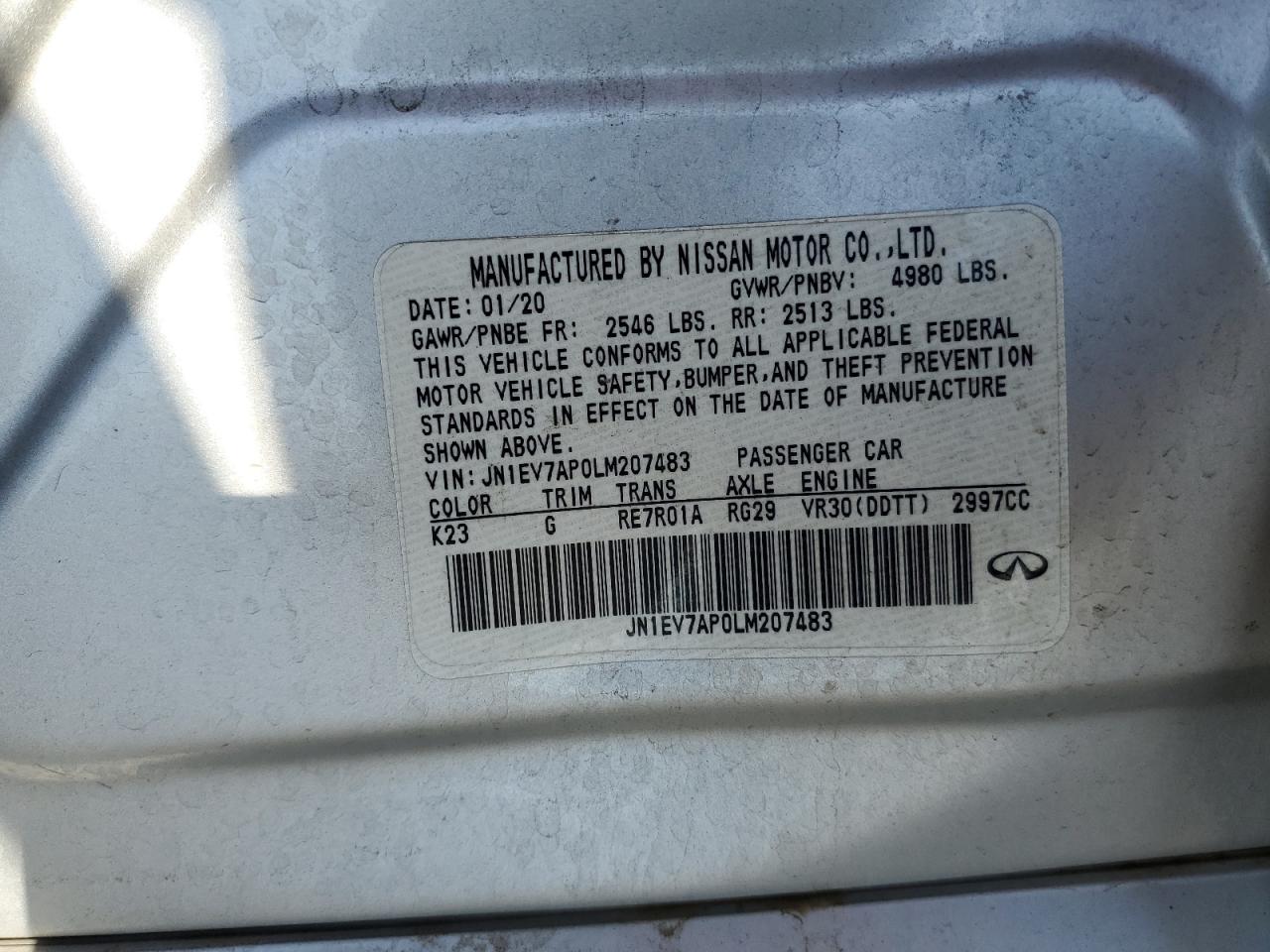 2020 Infiniti Q50 Pure VIN: JN1EV7AP0LM207483 Lot: 92305865