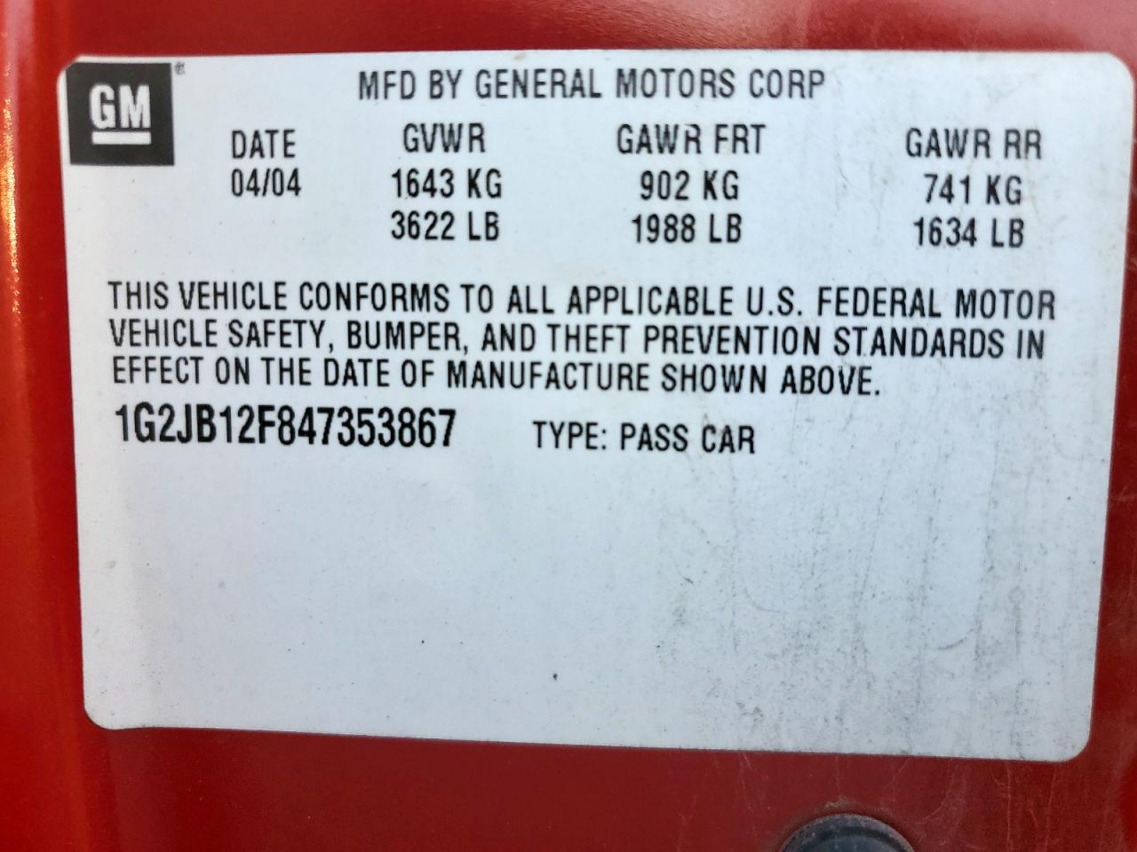 2004 Pontiac Sunfire VIN: 1G2JB12F847353867 Lot: 92193185