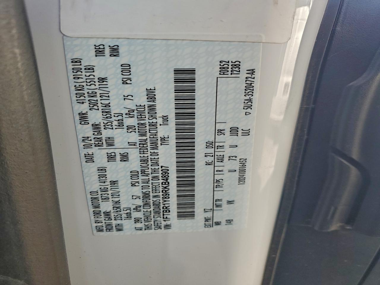 2024 Ford Transit T-250 VIN: 1FTBR1Y89RKB48907 Lot: 93566615