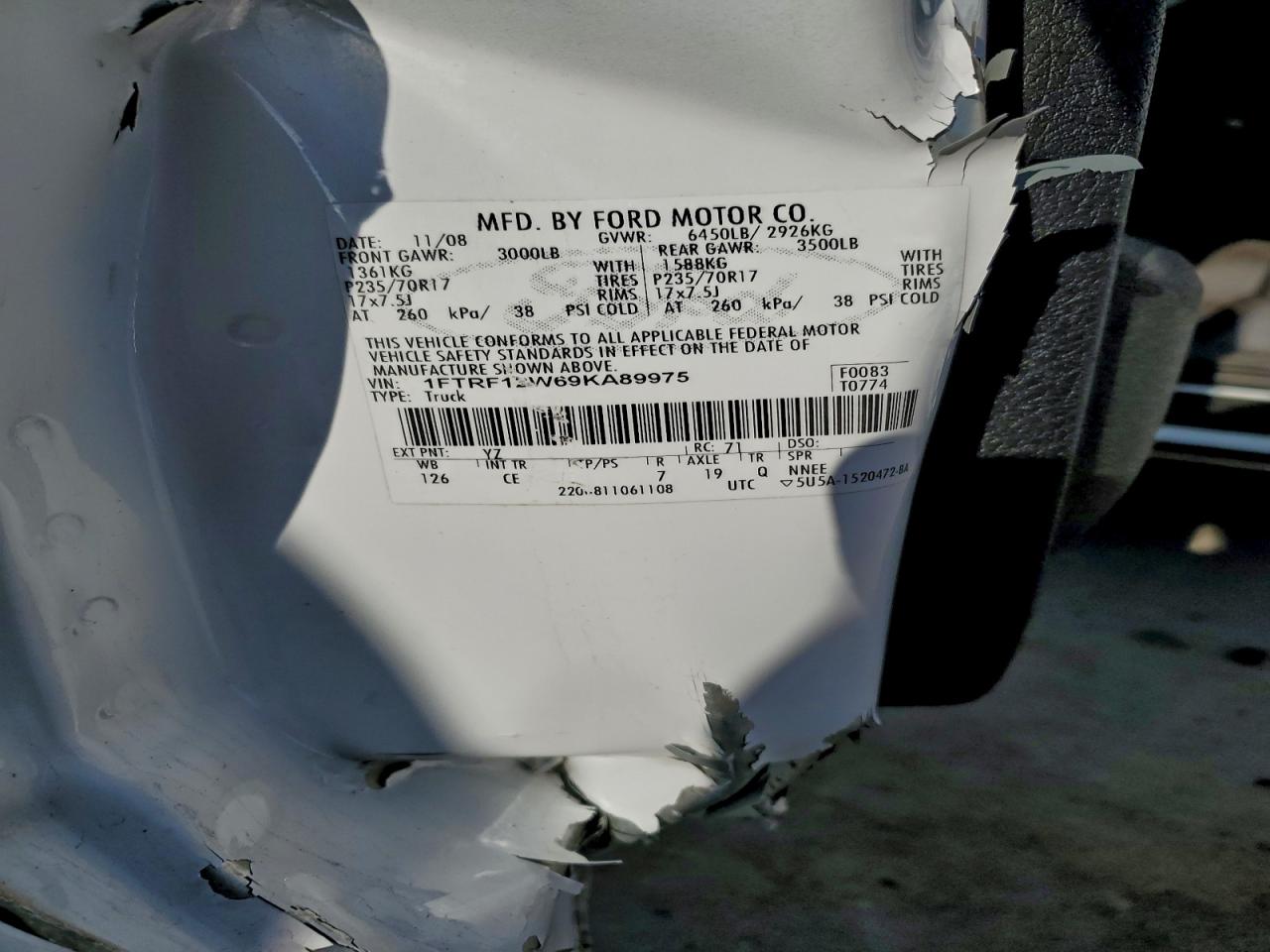 2009 Ford F150 VIN: 1FTRF12W69KA89975 Lot: 94420025