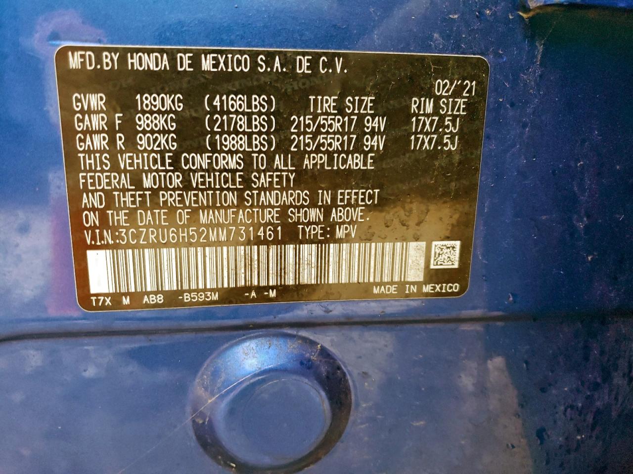 2021 Honda Hr-V Ex VIN: 3CZRU6H52MM731461 Lot: 93966335