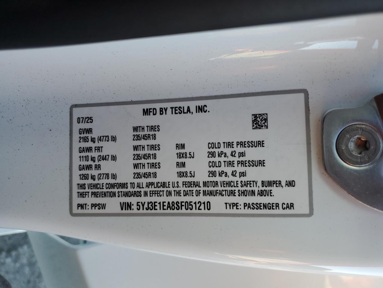 2025 Tesla Model 3 VIN: 5YJ3E1EA8SF051210 Lot: 91497155