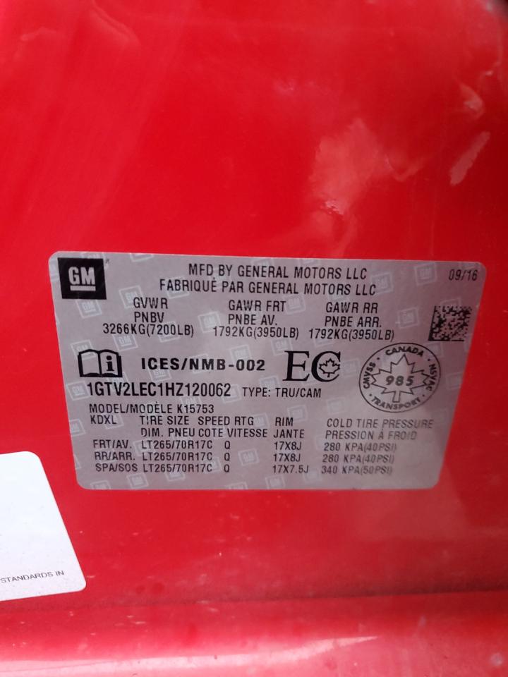 2017 GMC Sierra K1500 VIN: 1GTV2LEC1HZ120062 Lot: 92409665