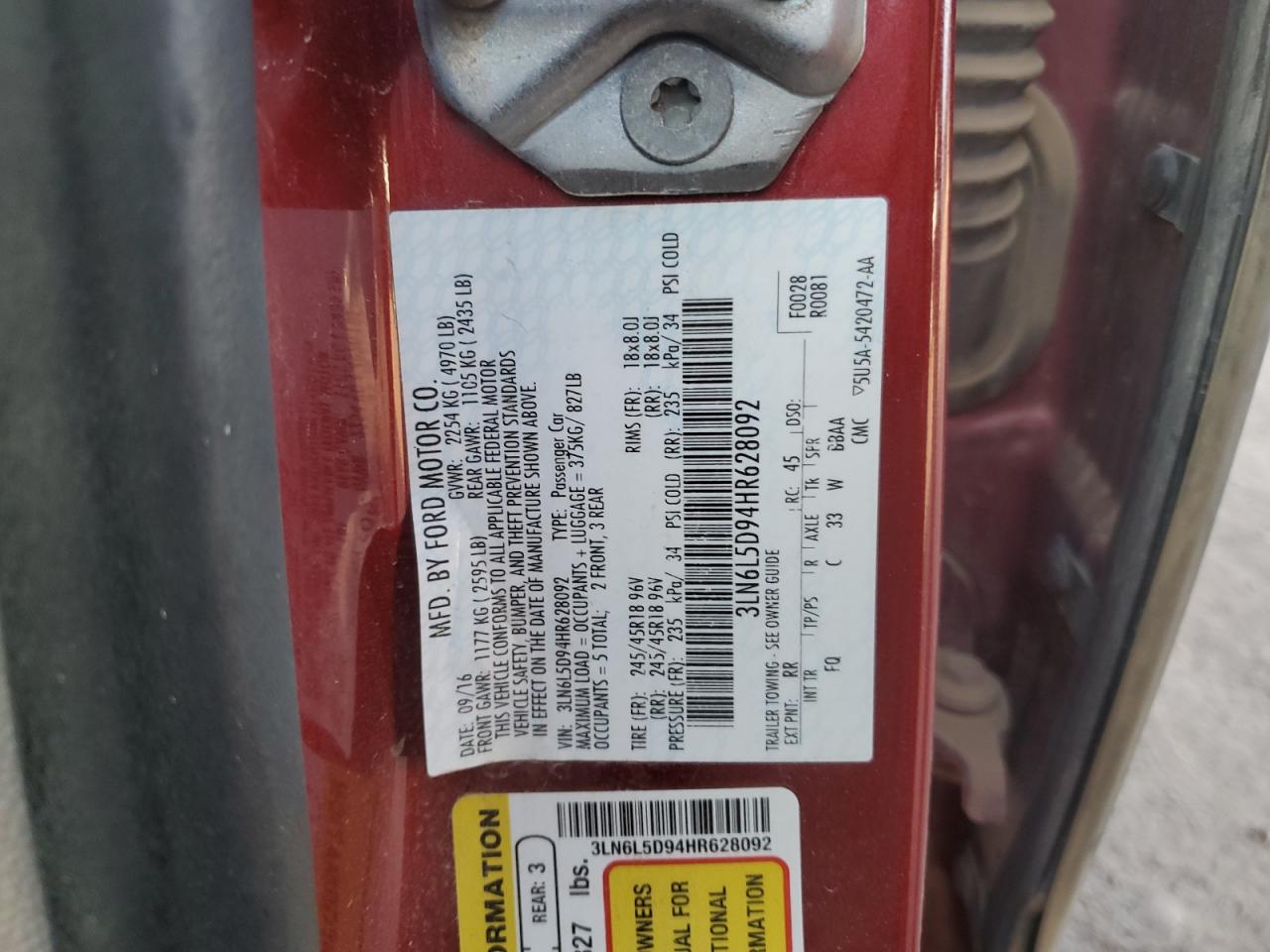 2017 Lincoln Mkz Select VIN: 3LN6L5D94HR628092 Lot: 92888055