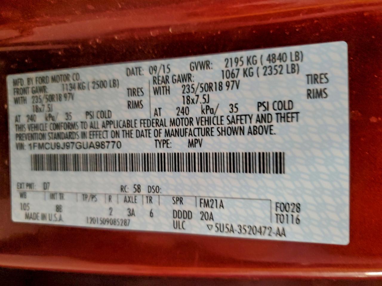 2016 Ford Escape Titanium VIN: 1FMCU9J97GUA98770 Lot: 94238735