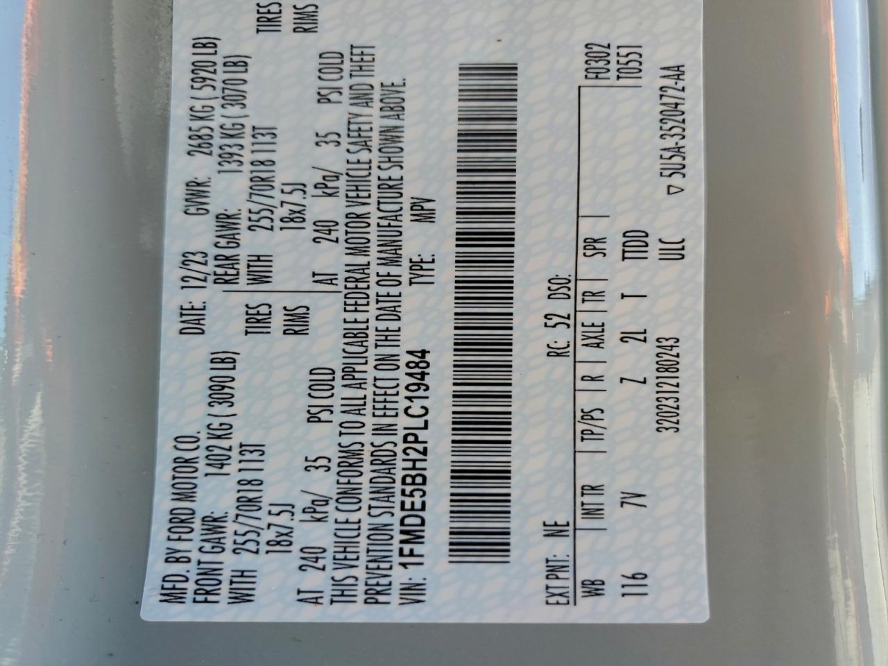 2023 Ford Bronco Base VIN: 1FMDE5BH2PLC19484 Lot: 91357805